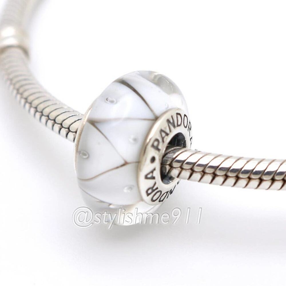 Authentic PANDORA Sterling Silver White Zig-Zag Murano Glass Bead Charm